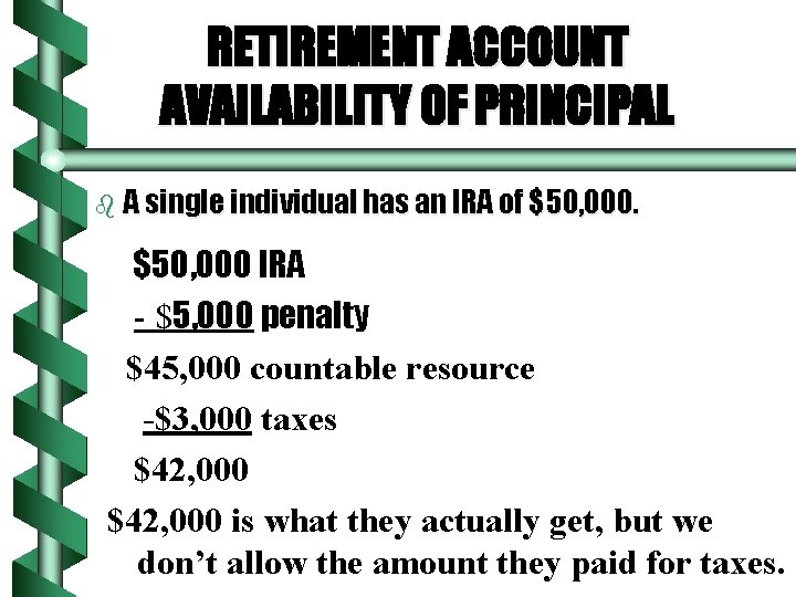 RETIREMENT ACCOUNT AVAILABILITY OF PRINCIPAL b A single individual has an IRA of $50,