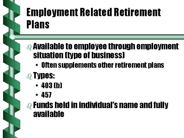 Employment Related Retirement Plans b Available to employee through employment situation (type of business)