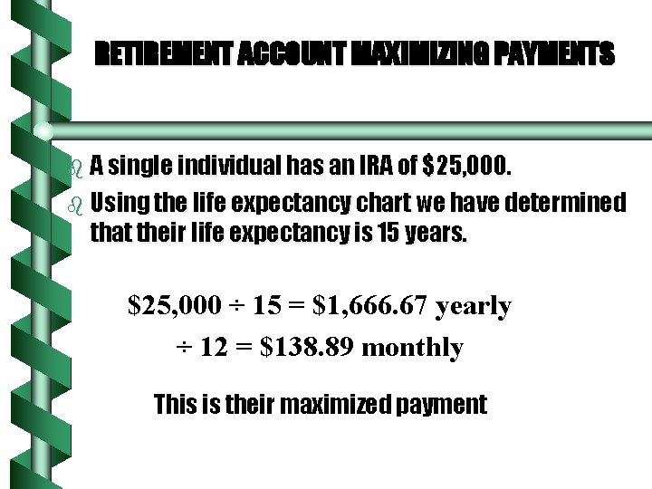 RETIREMENT ACCOUNT MAXIMIZING PAYMENTS b A single individual has an IRA of $25, 000.