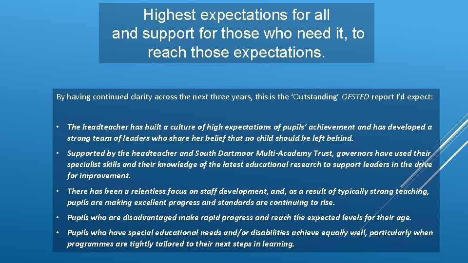 Highest expectations for all and support for those who need it, to reach those