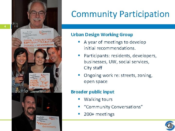 Community Participation 4 Urban Design Working Group § A year of meetings to develop