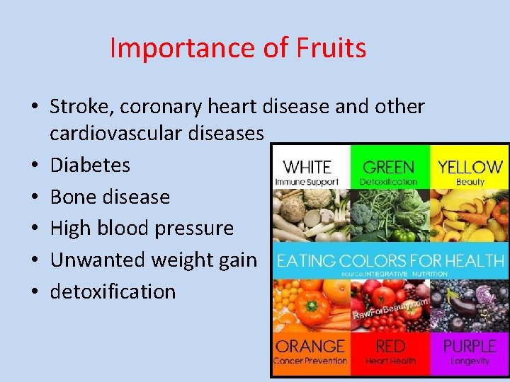Importance of Fruits • Stroke, coronary heart disease and other cardiovascular diseases • Diabetes