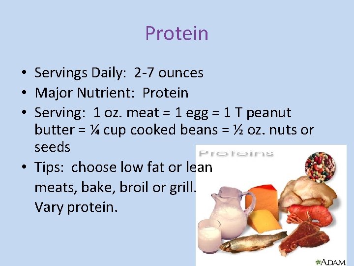 Protein • Servings Daily: 2 -7 ounces • Major Nutrient: Protein • Serving: 1