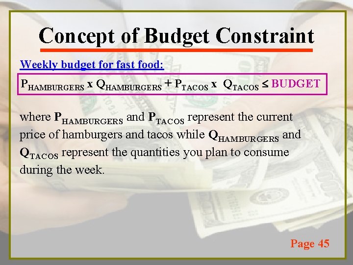 Concept of Budget Constraint Weekly budget for fast food: PHAMBURGERS x QHAMBURGERS + PTACOS