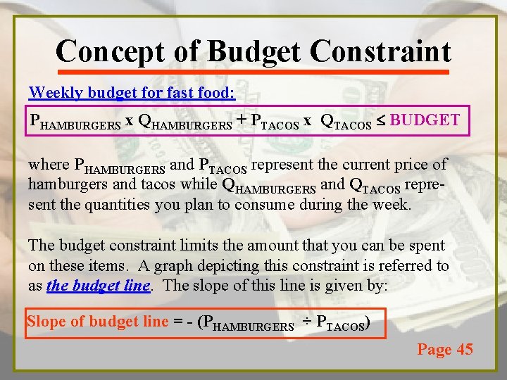 Concept of Budget Constraint Weekly budget for fast food: PHAMBURGERS x QHAMBURGERS + PTACOS