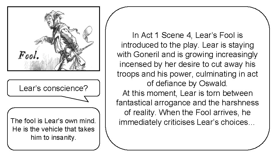 Lear’s conscience? The fool is Lear’s own mind. He is the vehicle that takes