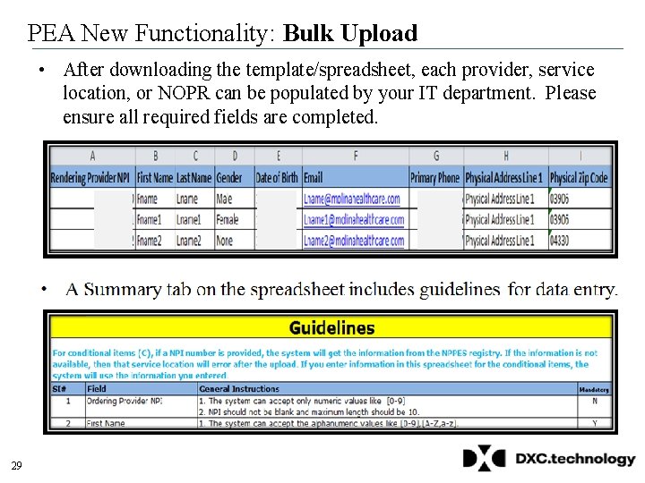 PEA New Functionality: Bulk Upload • After downloading the template/spreadsheet, each provider, service location, PEA New Functionality: Bulk Upload • After downloading the template/spreadsheet, each provider, service location,