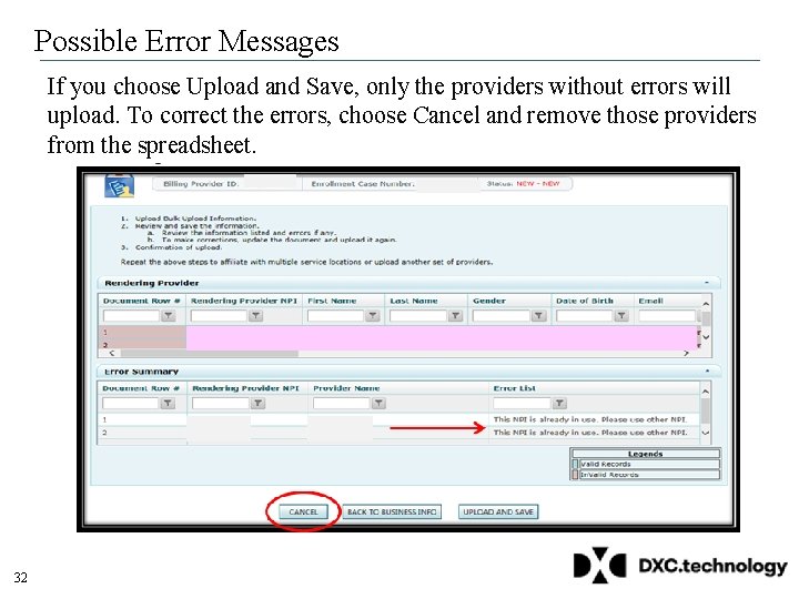 Possible Error Messages If you choose Upload and Save, only the providers without errors Possible Error Messages If you choose Upload and Save, only the providers without errors