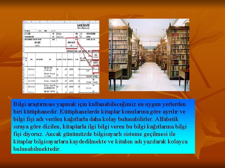 Bilgi araştırması yapmak için kullanabileceğimiz en uygun yerlerden biri kütüphanedir. Kütüphanelerde kitaplar konularına göre