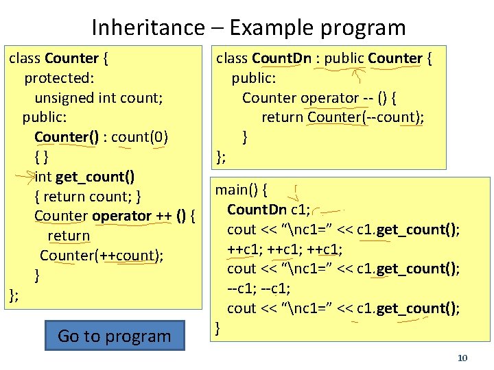 Inheritance – Example program class Counter { protected: unsigned int count; public: Counter() :