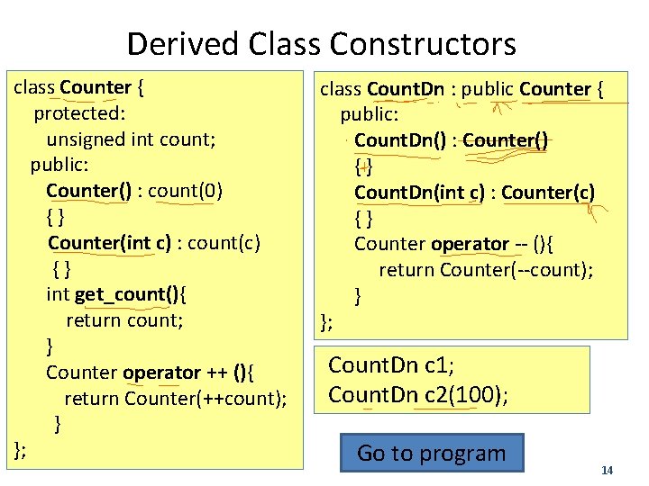 Derived Class Constructors class Counter { protected: unsigned int count; public: Counter() : count(0)
