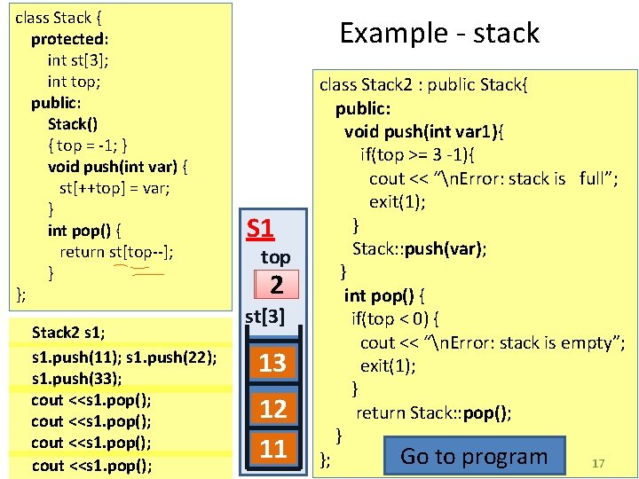 class Stack { protected: int st[3]; int top; public: Stack() { top = -1;