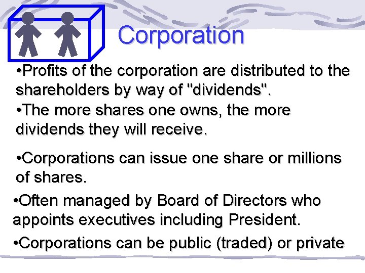 Corporation • Profits of the corporation are distributed to the shareholders by way of