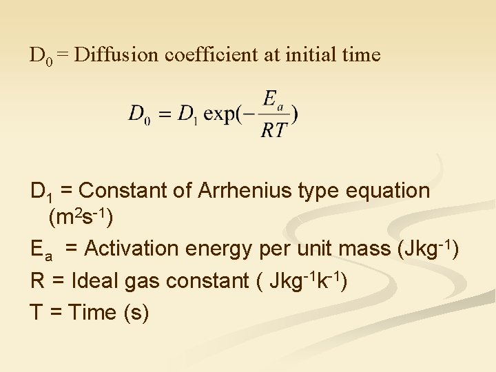 D 0 = Diffusion coefficient at initial time D 1 = Constant of Arrhenius
