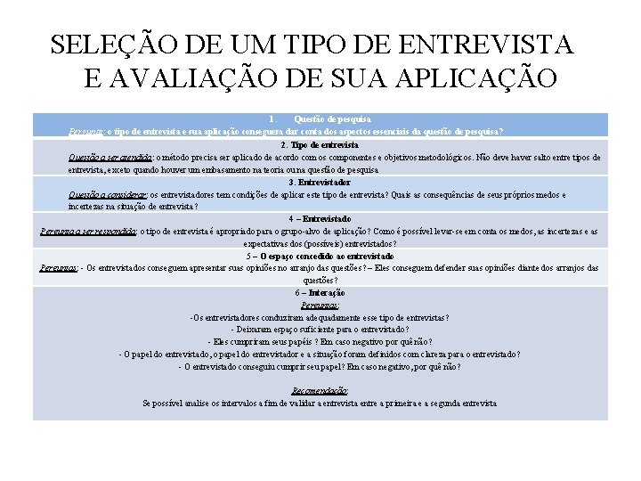 SELEÇÃO DE UM TIPO DE ENTREVISTA E AVALIAÇÃO DE SUA APLICAÇÃO 1. Questão de