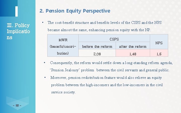 2. Pension Equity Perspective Ⅲ. Policy Implicatio ns • The cost-benefit structure and benefits