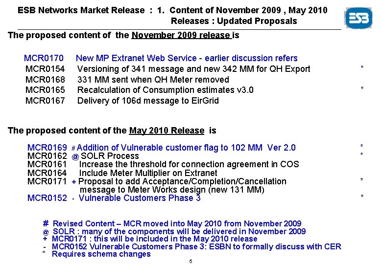 ESB Networks Market Release : 1. Content of November 2009 , May 2010 Releases