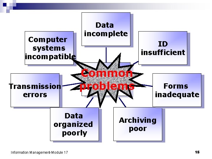 Computer systems incompatible Transmission errors Data incomplete ID insufficient Common problems Data organized poorly