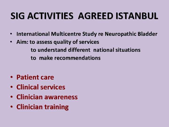SIG ACTIVITIES AGREED ISTANBUL • International Multicentre Study re Neuropathic Bladder • Aim: to