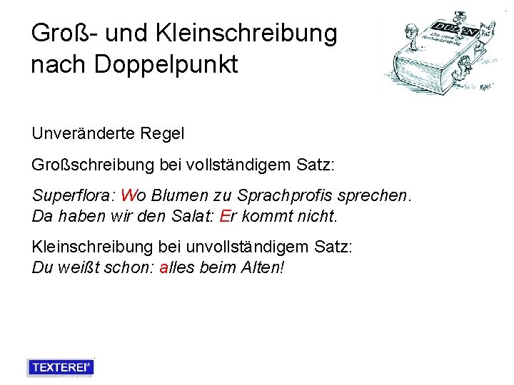 Groß- und Kleinschreibung nach Doppelpunkt Unveränderte Regel Großschreibung bei vollständigem Satz: Superflora: Wo Blumen