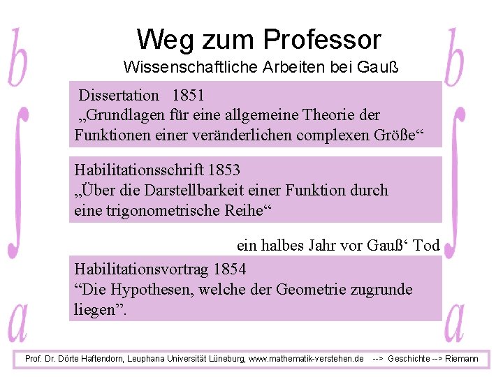 Weg zum Professor Wissenschaftliche Arbeiten bei Gauß Dissertation 1851 „Grundlagen für eine allgemeine Theorie