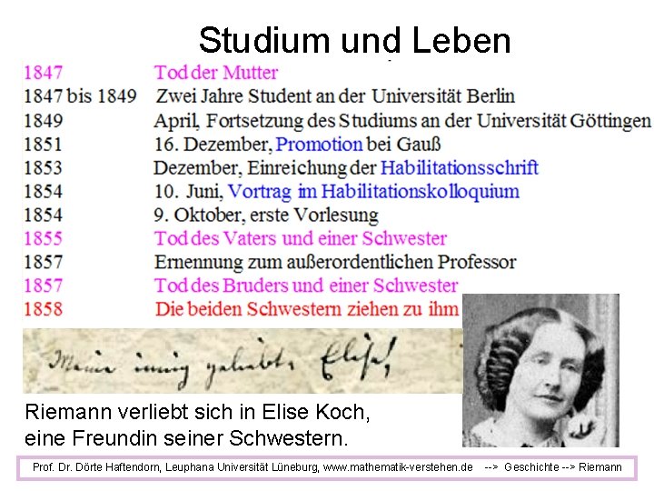 Studium und Leben Riemann verliebt sich in Elise Koch, eine Freundin seiner Schwestern. Prof.