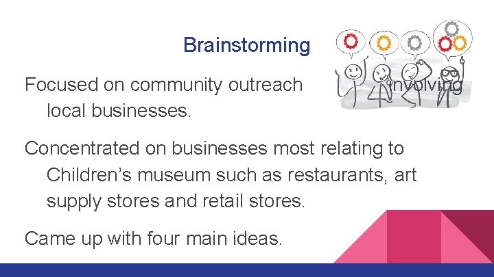 Brainstorming Focused on community outreach local businesses. involving Concentrated on businesses most relating to