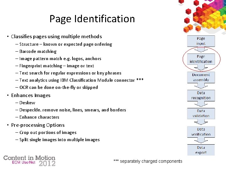 Page Identification • Classifies pages using multiple methods – Structure – known or expected