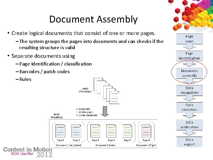 Document Assembly • Create logical documents that consist of one or more pages. –