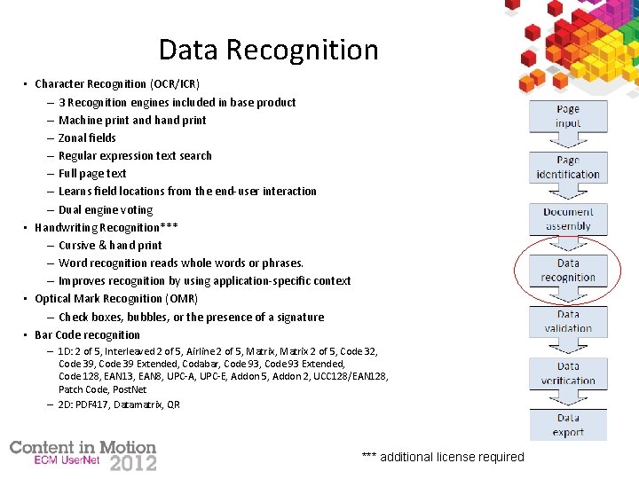 Data Recognition • Character Recognition (OCR/ICR) – 3 Recognition engines included in base product