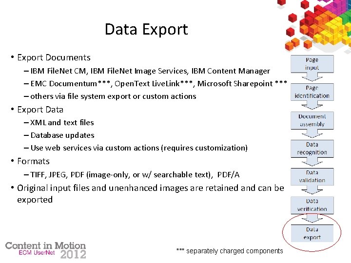 Data Export • Export Documents – IBM File. Net CM, IBM File. Net Image