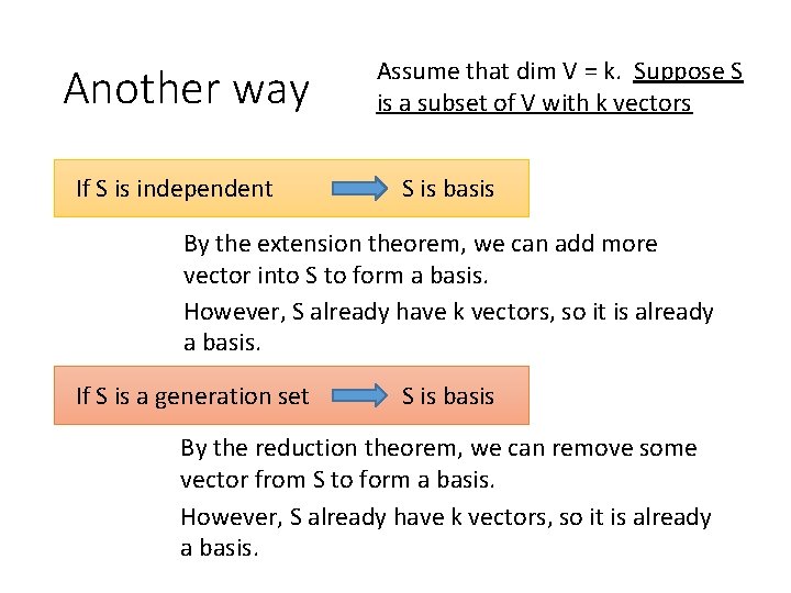 Another way If S is independent Assume that dim V = k. Suppose S