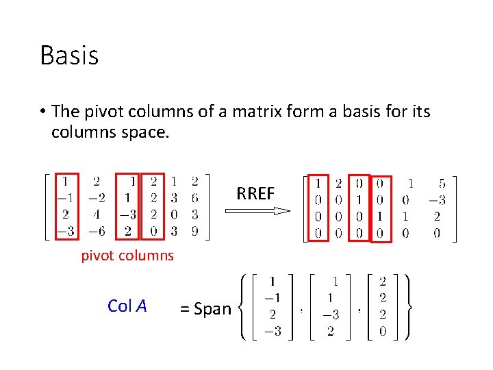 Basis • The pivot columns of a matrix form a basis for its columns