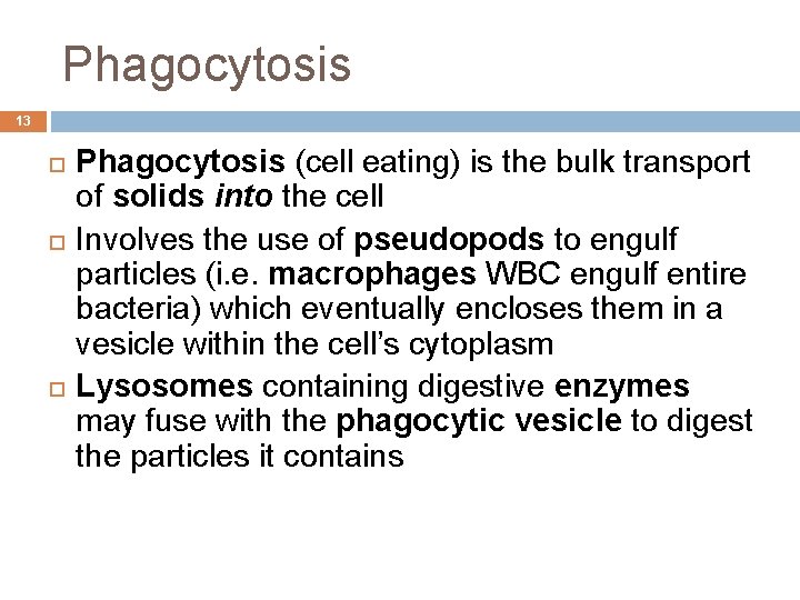 Phagocytosis 13 Phagocytosis (cell eating) is the bulk transport of solids into the cell
