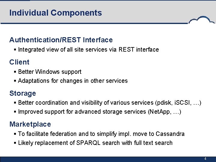 Individual Components Authentication/REST Interface § Integrated view of all site services via REST interface