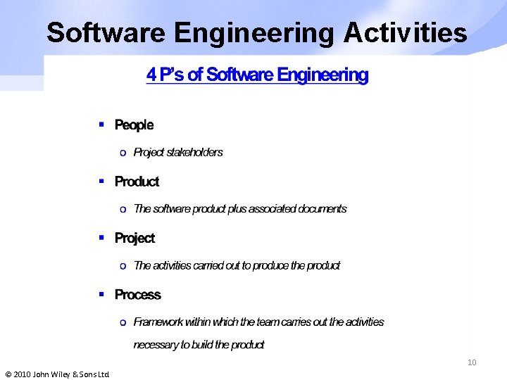 Software Engineering Activities 10 © 2010 John Wiley & Sons Ltd. 