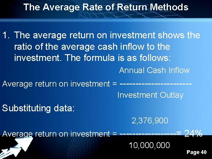 The Average Rate of Return Methods 1. The average return on investment shows the