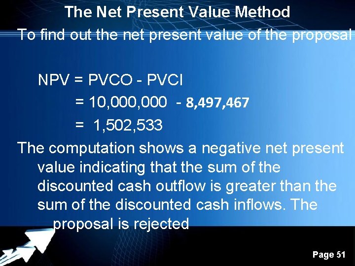 The Net Present Value Method To find out the net present value of the