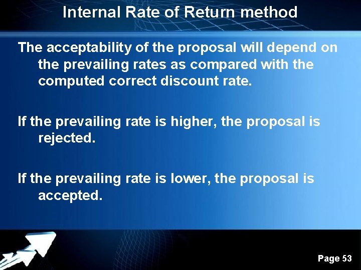 Internal Rate of Return method The acceptability of the proposal will depend on the