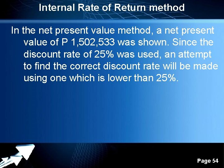 Internal Rate of Return method In the net present value method, a net present