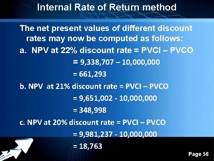 Internal Rate of Return method The net present values of different discount rates may