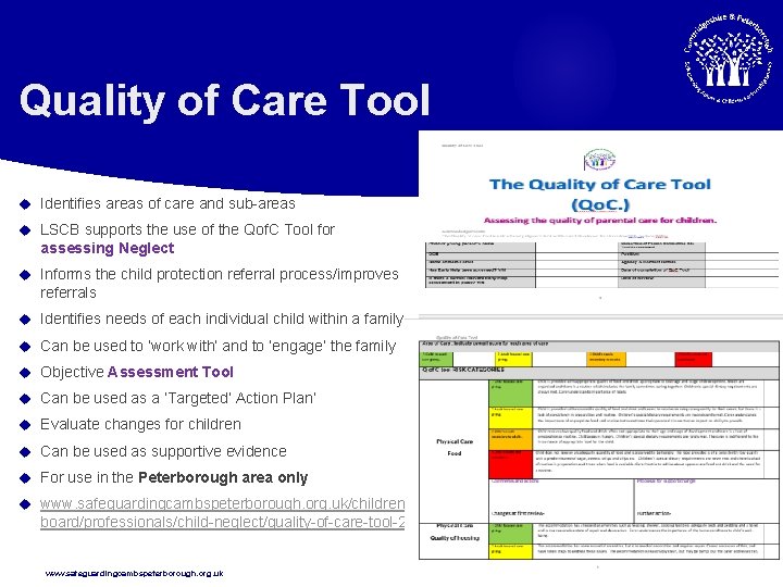 Quality of Care Tool Identifies areas of care and sub-areas LSCB supports the use