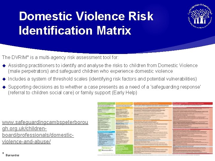 Domestic Violence Risk Identification Matrix The DVRIM* is a multi-agency risk assessment tool for: