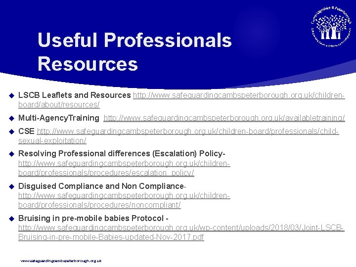 Useful Professionals Resources LSCB Leaflets and Resources http: //www. safeguardingcambspeterborough. org. uk/childrenboard/about/resources/ Multi-Agency. Training