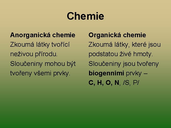 Chemie Anorganická chemie Zkoumá látky tvořící neživou přírodu. Sloučeniny mohou být tvořeny všemi prvky. Chemie Anorganická chemie Zkoumá látky tvořící neživou přírodu. Sloučeniny mohou být tvořeny všemi prvky.