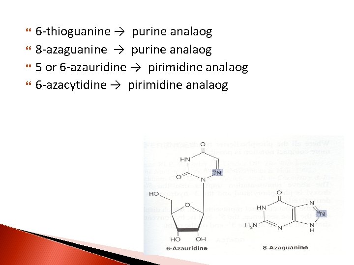  6 -thioguanine → purine analaog 8 -azaguanine → purine analaog 5 or 6