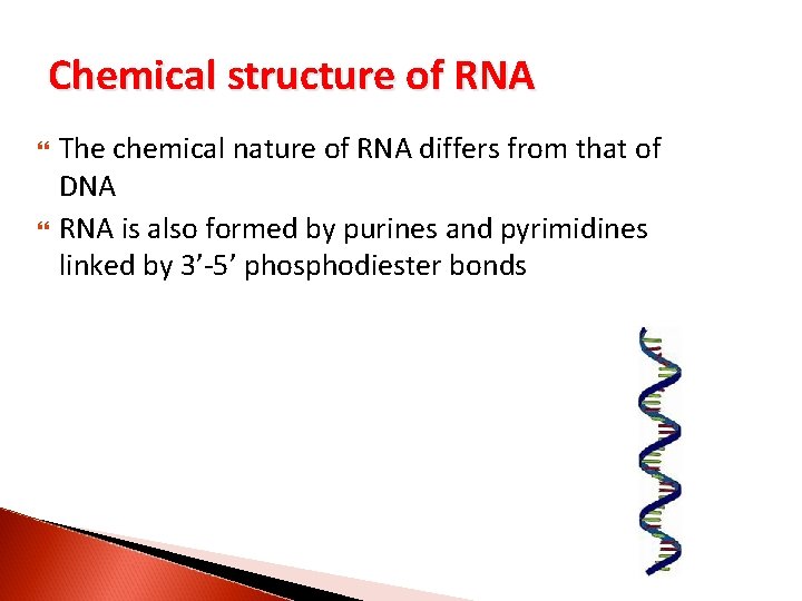 Chemical structure of RNA The chemical nature of RNA differs from that of DNA