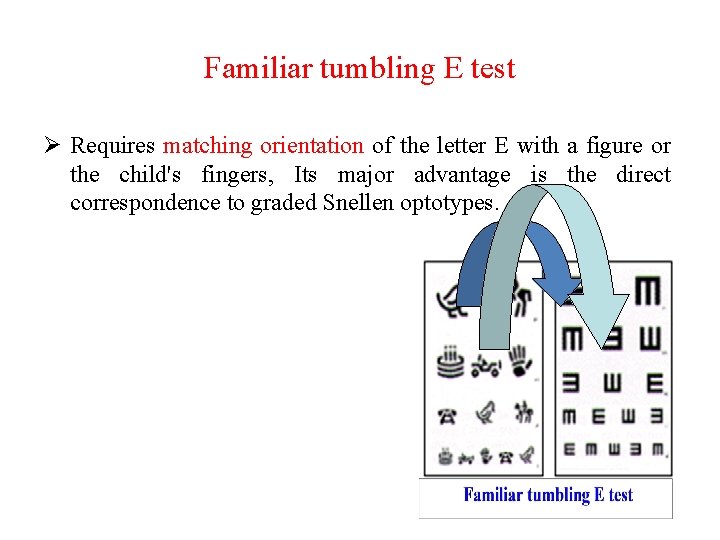 Familiar tumbling E test Ø Requires matching orientation of the letter E with a