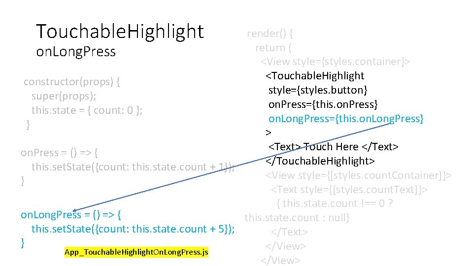 Touchable. Highlight render() { return ( on. Long. Press <View style={styles. container}> <Touchable. Highlight Touchable. Highlight render() { return ( on. Long. Press <View style={styles. container}> <Touchable. Highlight