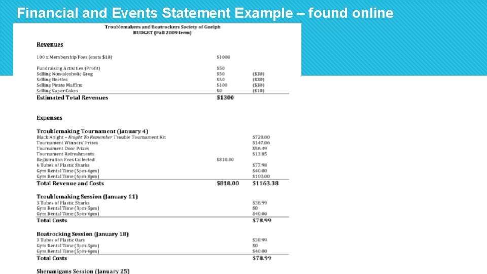 Financial and Events Statement Example – found online 